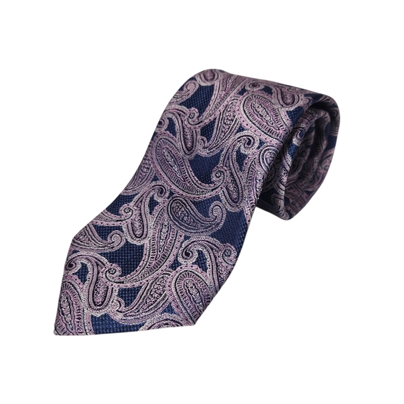 Silk Tie Pronto Uomo - Navy and Purple Paisley 3" Narrow Men's - Picture 1 of 6